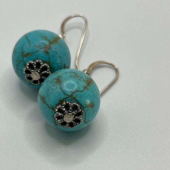 Turquoise & Sterling Silver Drop Dangle Earrings Ornate 925 Stamped - Picture 2 of 6
